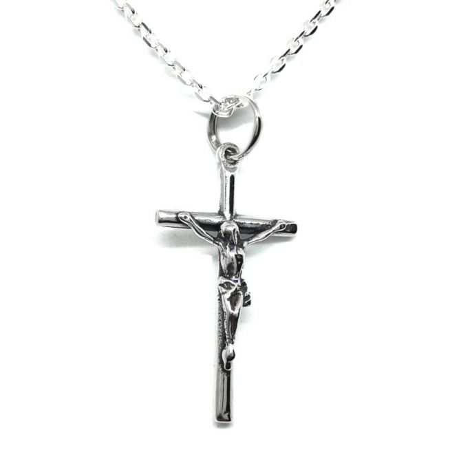 Cruz Crucificado pequeño plata con cadena forzada