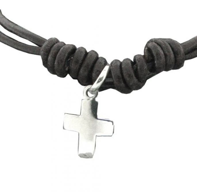 Cruz plana mini plata con cordon de piel