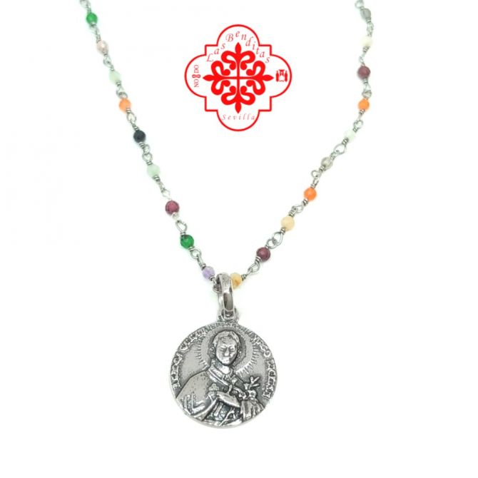 Medalla Santa Gema con cadena piedras naturales en plata